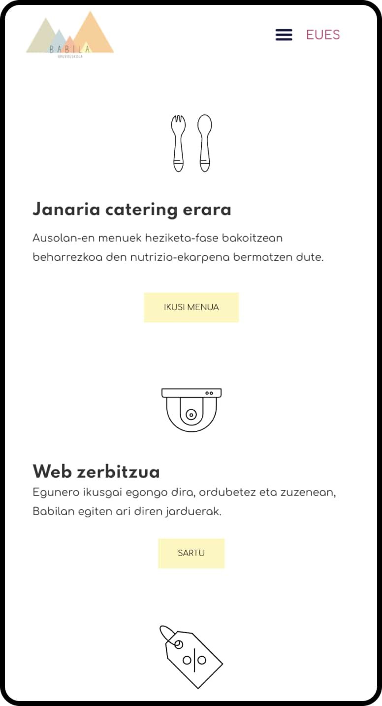 vista móvil de la página web de babila haurreskola en bilbao