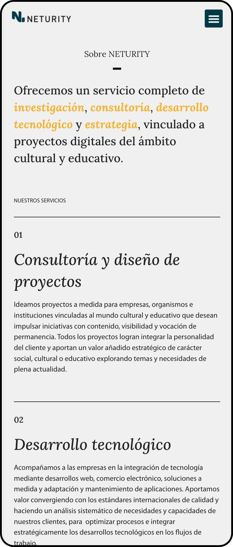 vista móvil de página web de about de neturity bibliotecas y proyectos culturales y educativos en madrid